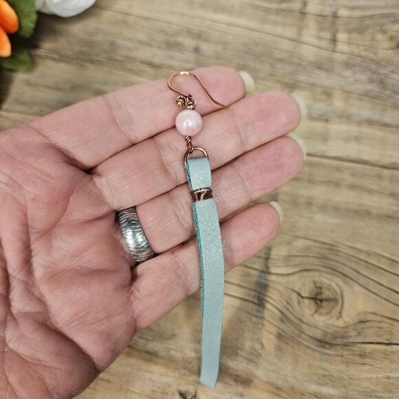 Hand Crafted Boho Style Pastel Green Leather Sunstone Dangle Earrings - Picture 4 of 4